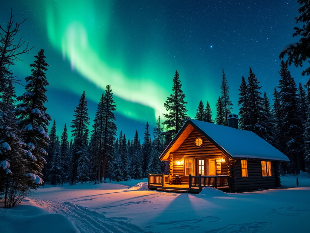 a scenic photo of a guest cabin nestled in warm light into the woods, with a title that says, "Aurora Borealis? At this time of year? In this part of the country?" with a photo of the aurora borealis in the upper left of the picture.