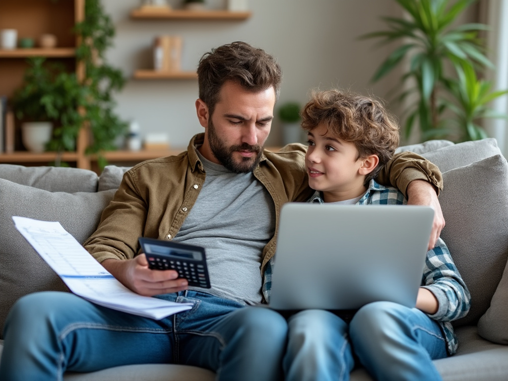 a father sitting on a couch with a young teenage son. He has calculator, ledger and a laptop open as he asks the son a question