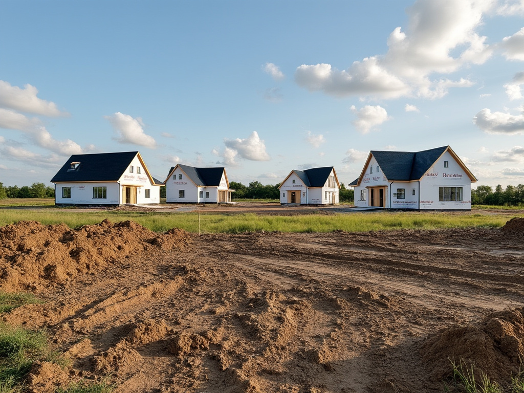 A photo from the ground looking at a plot of land with almost finished houses, standing above the horizon