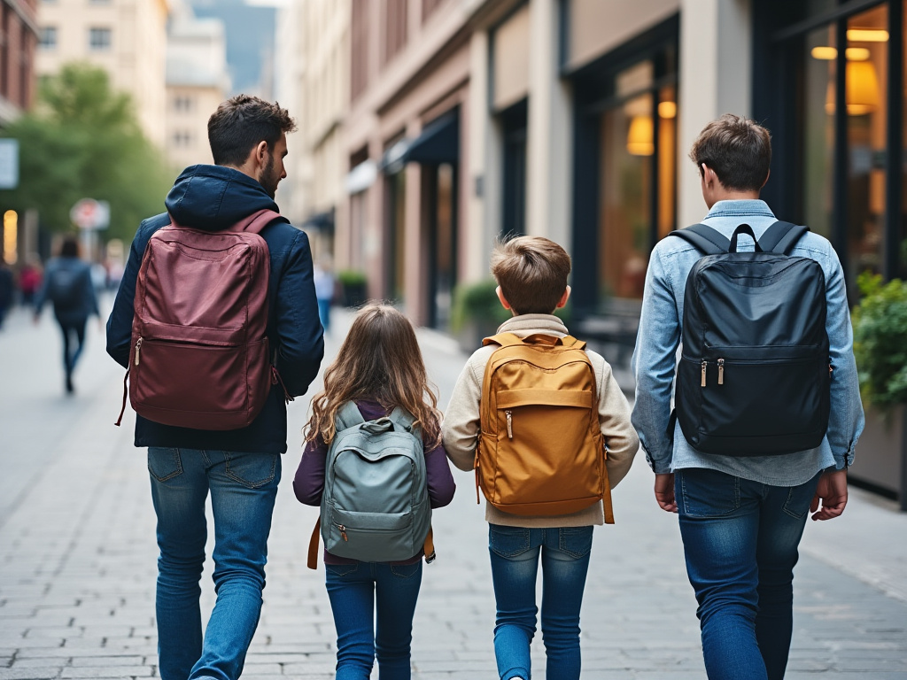 a professional photo of a family of four walking single file with backpacks in a city.