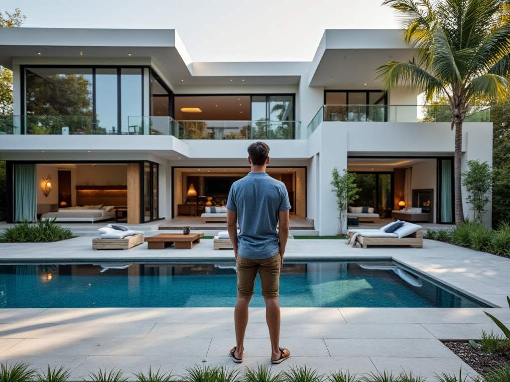 a man standing in front of his pool staring at his Eero Outdoor