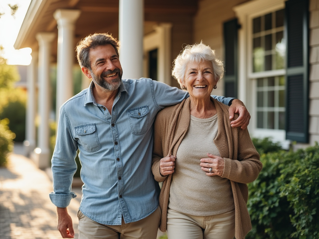 Family coming to pick grandma up at senior home