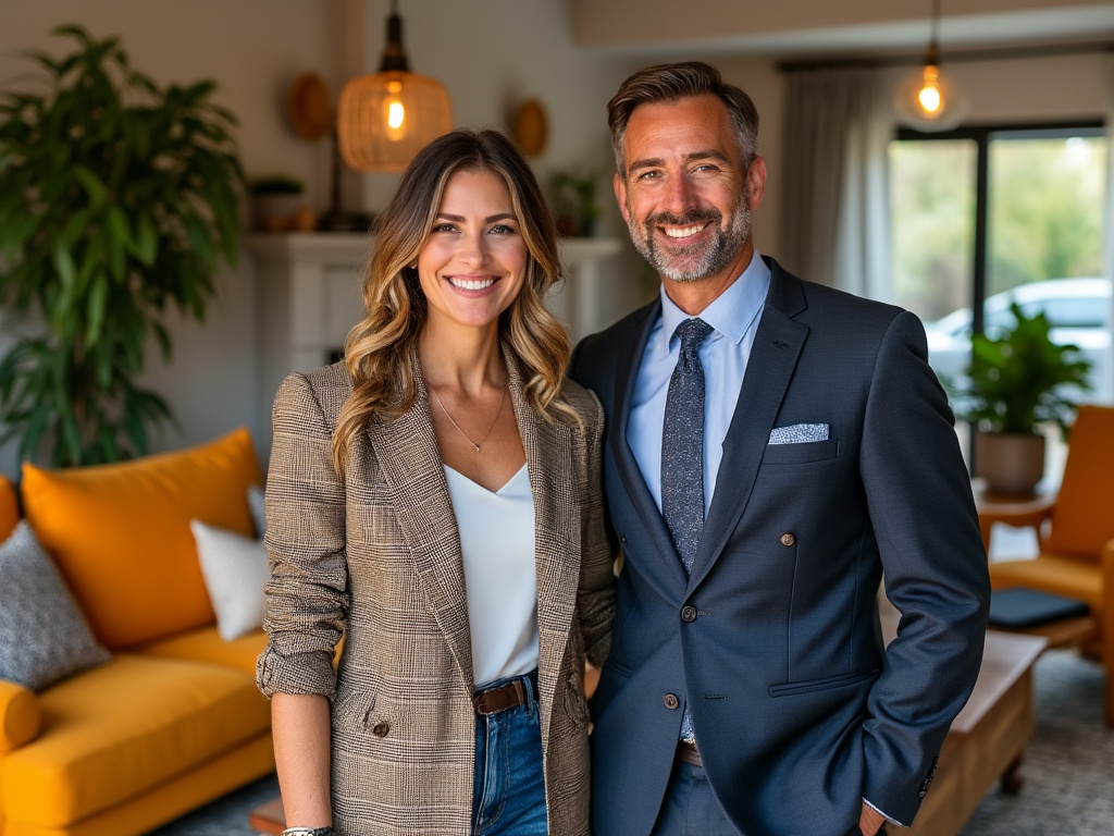 a well-dressed couple smiling in a brightly colored living room