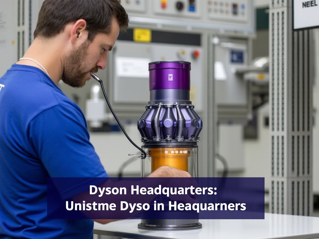 a photo of a dyson employee factory assembling a dyson vacuum with text in the corner reading “Dyson Headquarters”