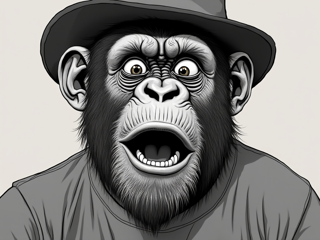 an image of a digital drawing of an ape wearing a hat and shirt with a surprised look