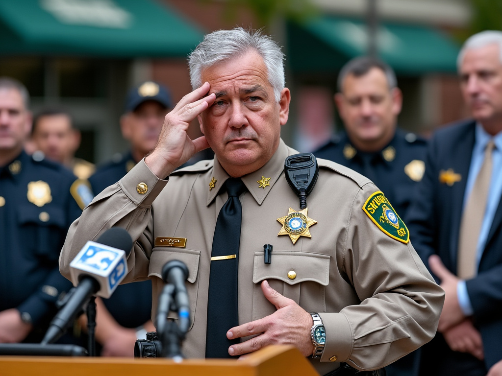a sheriff in the middle of giving a press conference looking regretful in front of the police department
