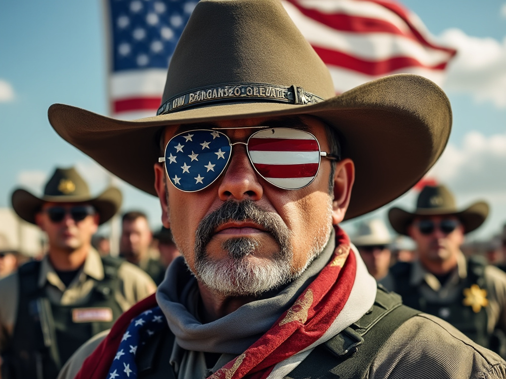 a photo of a very over the top 'merican man in a cowboy hat with american flag sunglasses and a bulletproof vest, surrounded by border patrol agents.