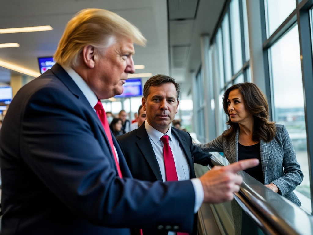 Donald Trump in an airport with his arm around a stranger, catching his attention, and pointing through a window where Kamala Harris is on an upstairs escalator