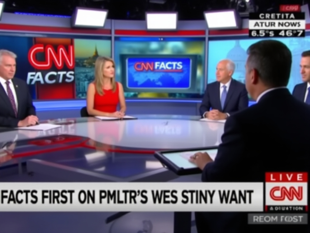 A news studio with a blurry background of anchors talking. In the foreground, the words 'CNN FACTS FIRST' are displayed