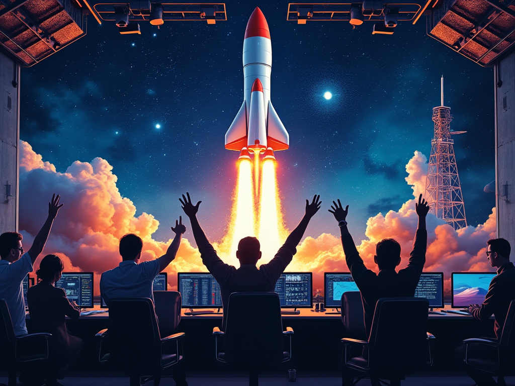 photo of people in conference room celebrating in a rocket control room