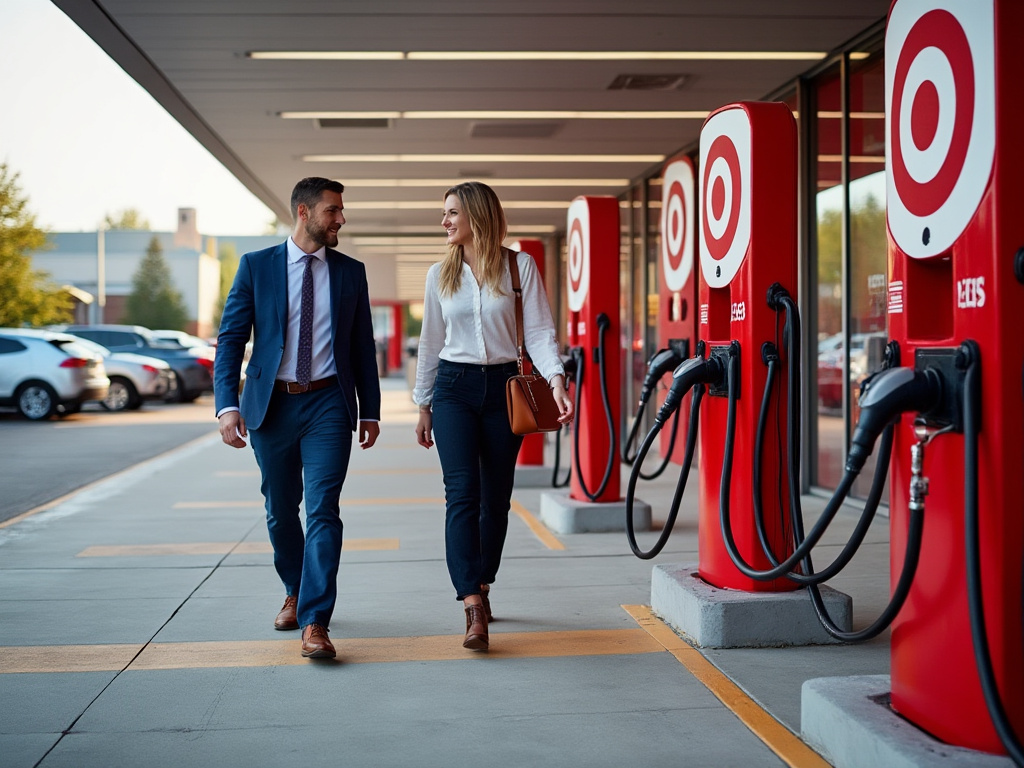 Target executives walk through EV chargers into their building
