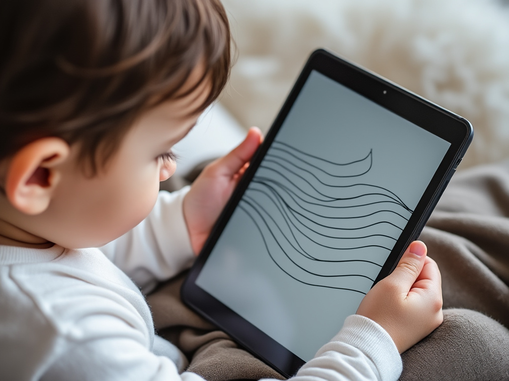 a photo of a baby holding an iPad pro with lines drawn on it