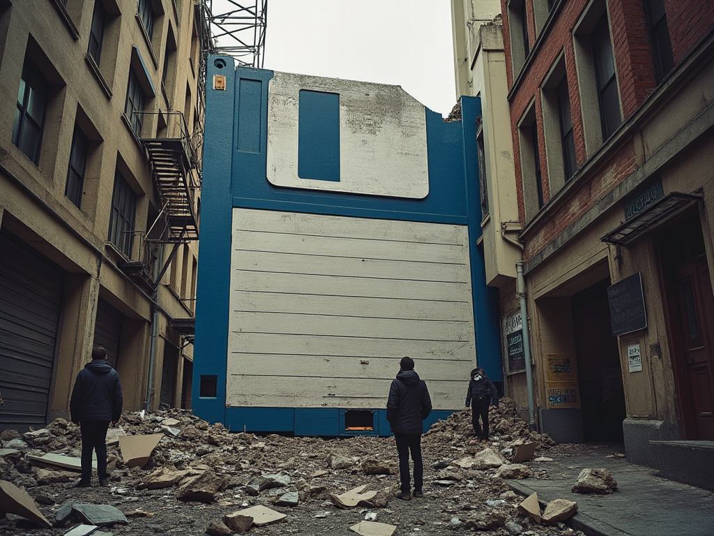 San Francisco in ruins with broken floppy disk larger than the people in an alleyway