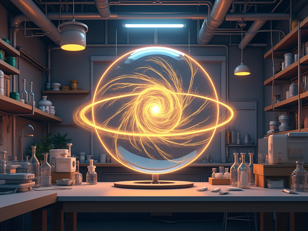a description of an indoor science lab that shows little scientific accoutrements surrounding a floating, spinning, and glowing sphere of energy.