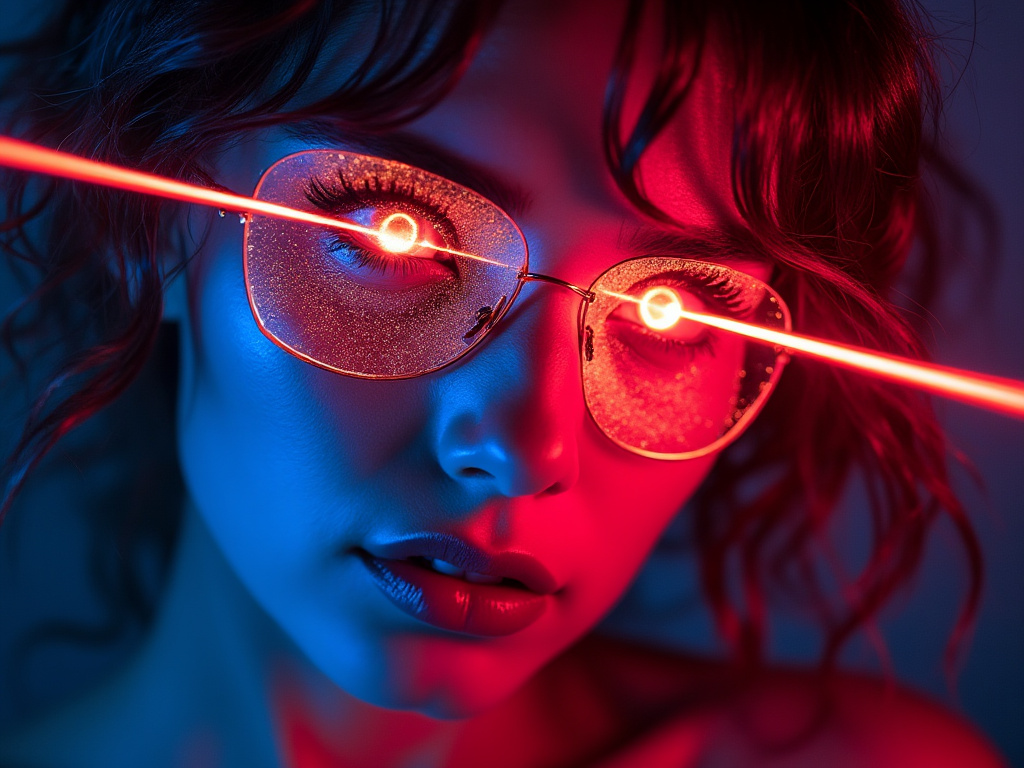a photo of a person whose eyes are being filled with lasers coming from a camera
