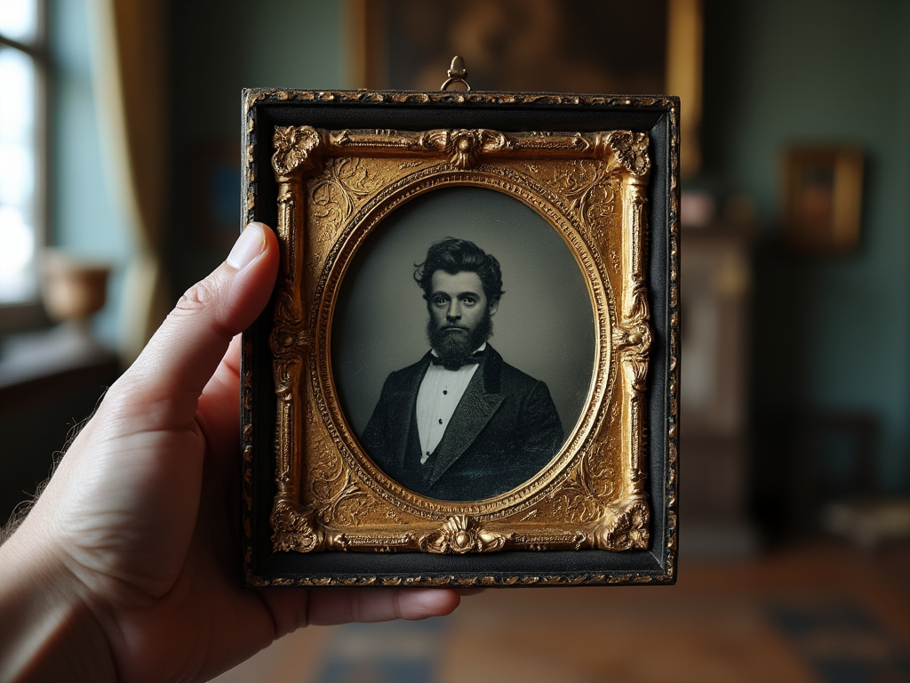 Stock photo of a framed disc daguerreotype held up by a hand in a house