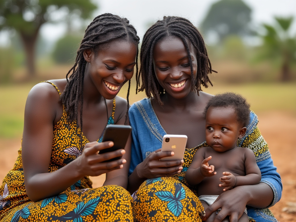 a photo of two Ugandan women holding iPhones in a rural setting next to a baby