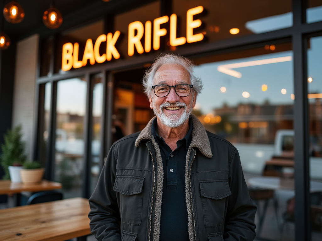 a photo of a man in his 60s standing in front of a Black Rifle Coffee shop looking excited
