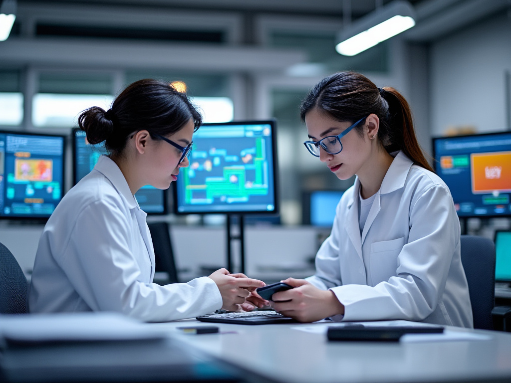 researchers in lab coats working on a mobile game