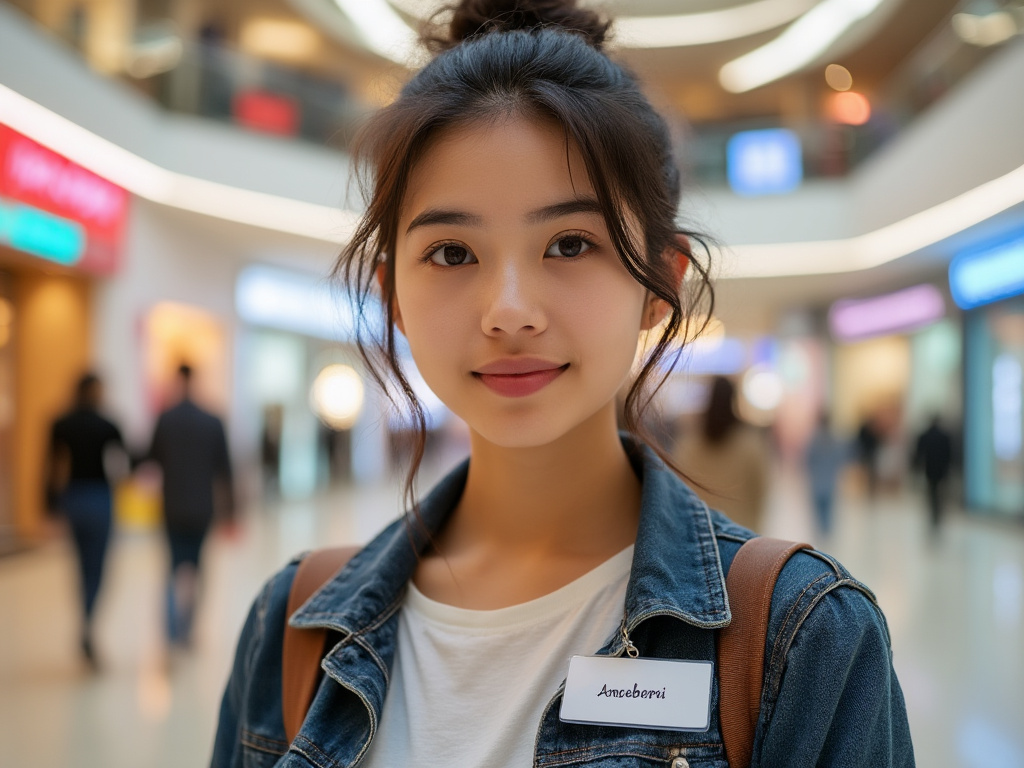 a photo in a mall showing a hopeful looking woman standing alone with a name tag on