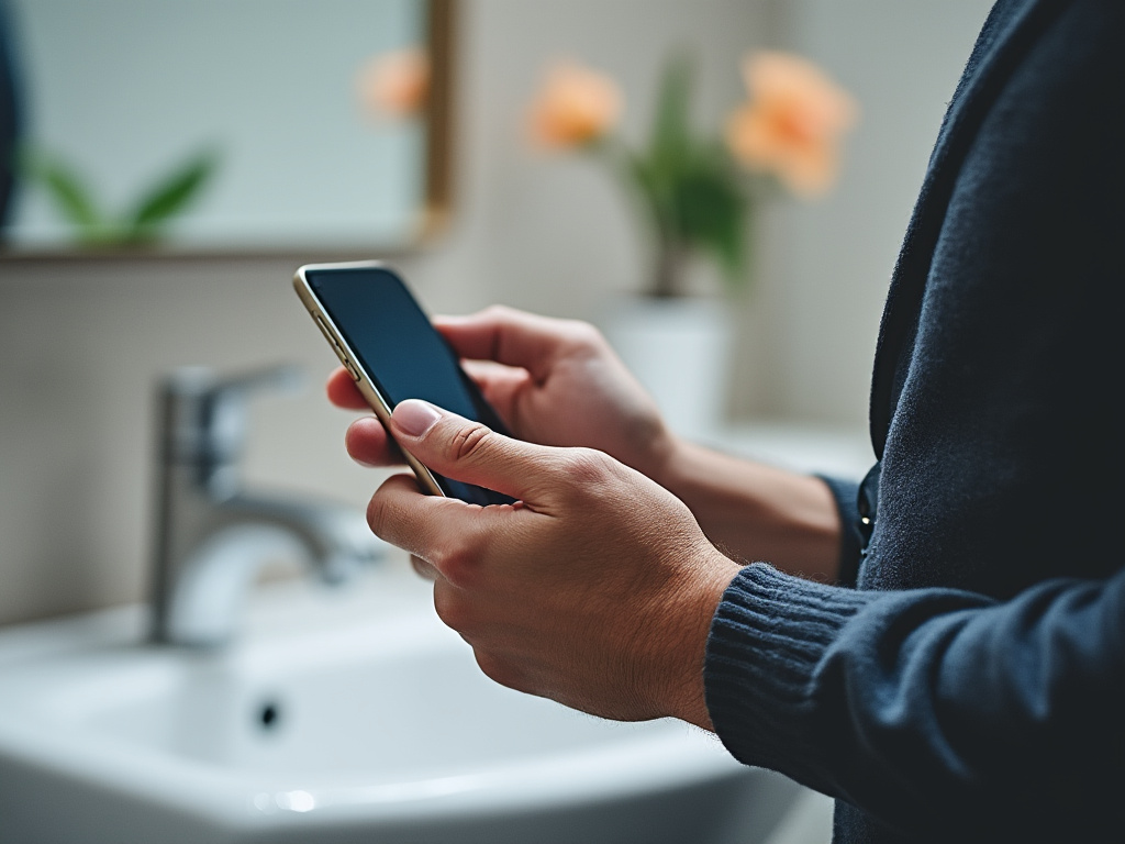 a man looking at his phone with some places to put his hands on some anti-bacterial sub focus