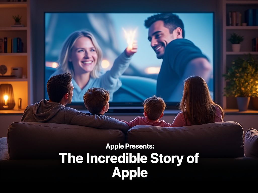 picture of a family at home watching a movie, overlaid with text 'Apple Presents: The Incredible Story of Apple'