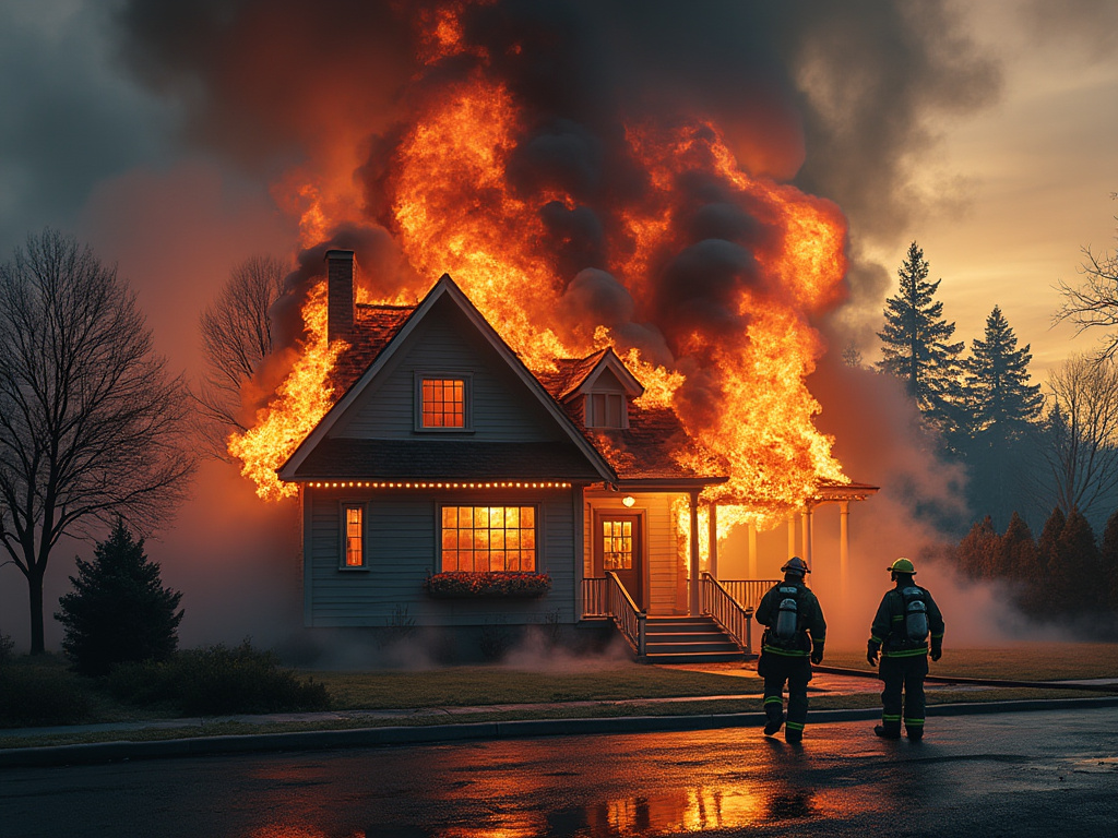 a photo of a house smoking on fire and some firemen in a big city