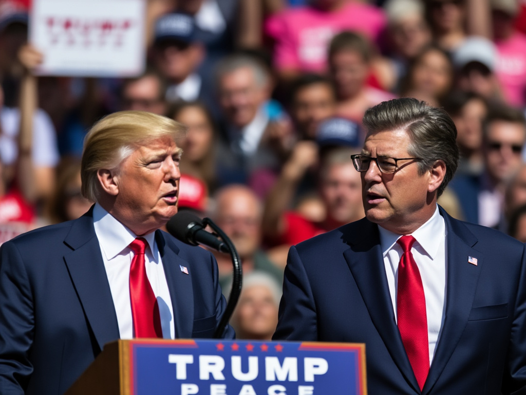 Donald Trump standing on stage during a rally with RFK Jr. standing next to him behind a podium.