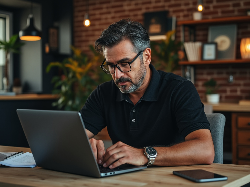 a middle aged man in a black polo sitting at a desk with a laptop and searching pensive