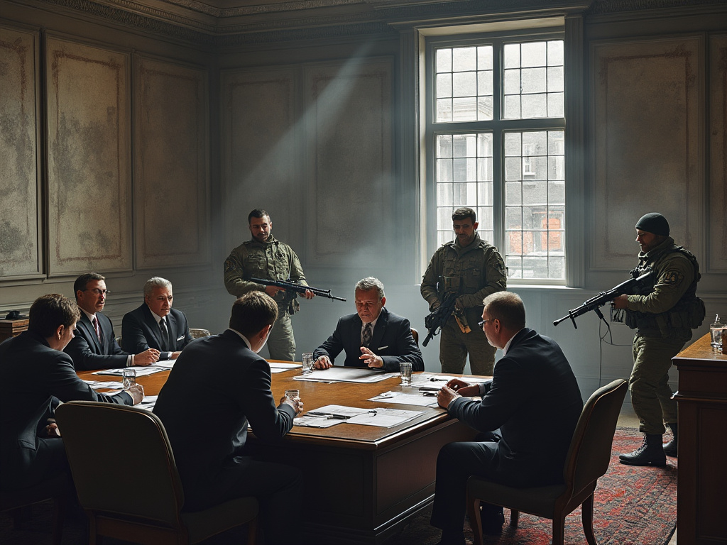 a group of men and women having a debate in a room while a platoon of militia soldiers stealthily sneaks into the scene