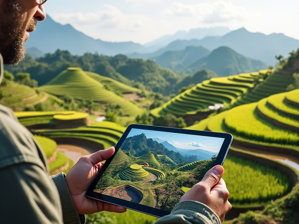 a photo of archaeologists holding digital tablets with rice fields and distant mountains behind them