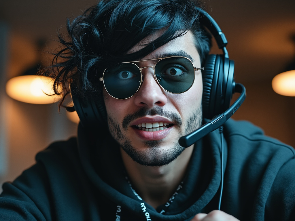 a photo of a famous streamer who is very off putting to look at streaming while an ai version of them is speaking over the top of them