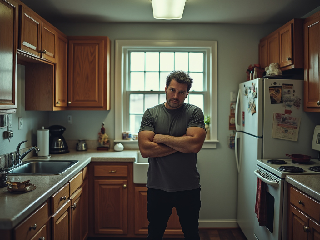 a man standing hunched over in a small kitchen, staring at the camera
