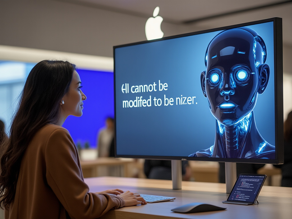 a photo of an Apple Store with a woman talking to a screen displaying an AI bot with the text "AI cannot be modified to be nicer"