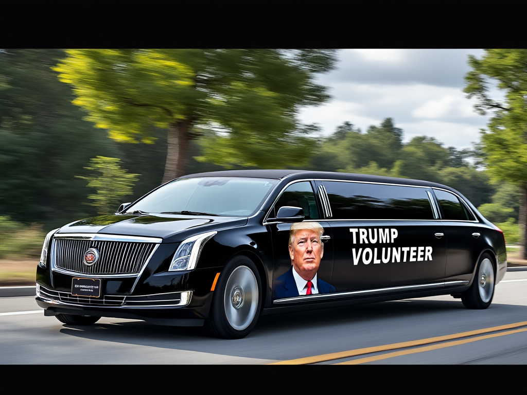 a photo of Trump volunteers riding in a nice limousine with Trump's face on it