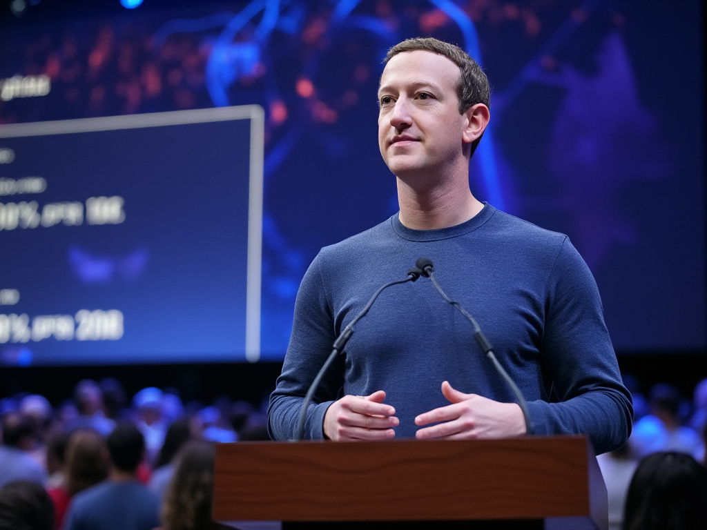 a photo of mark zuckerberg standing at a podium with a large stage behind him
