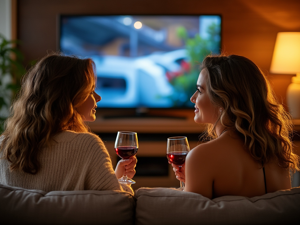 A photo of two women sitting on a couch, seeming to talk about what they want to watch on the TV. They are both holding glasses of wine.