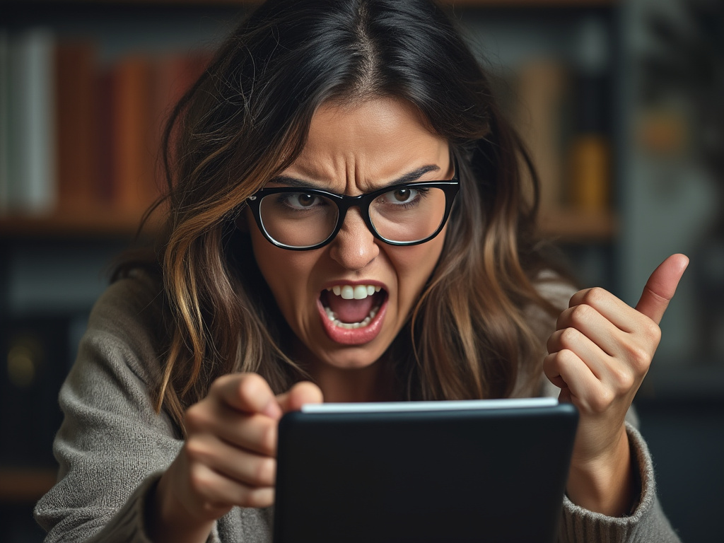 a woman who looks angry pointing at a kindle with righteous fury