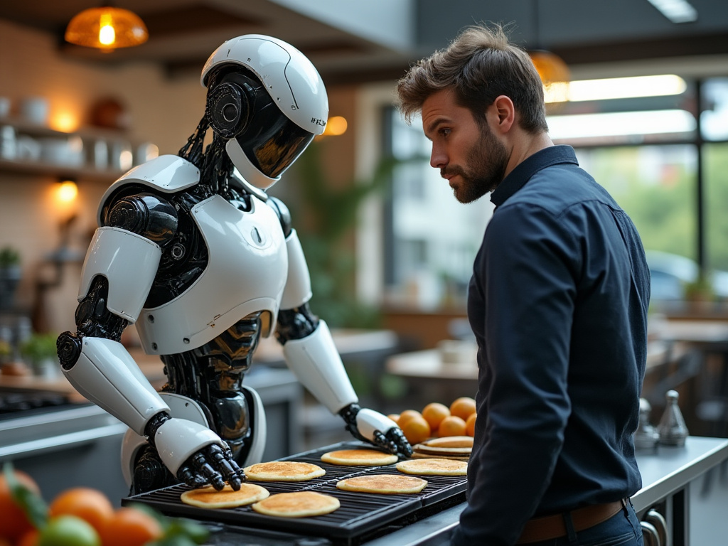a photo of a robot flipping pancakes on a grill while a human looks over his shoulder frustrated