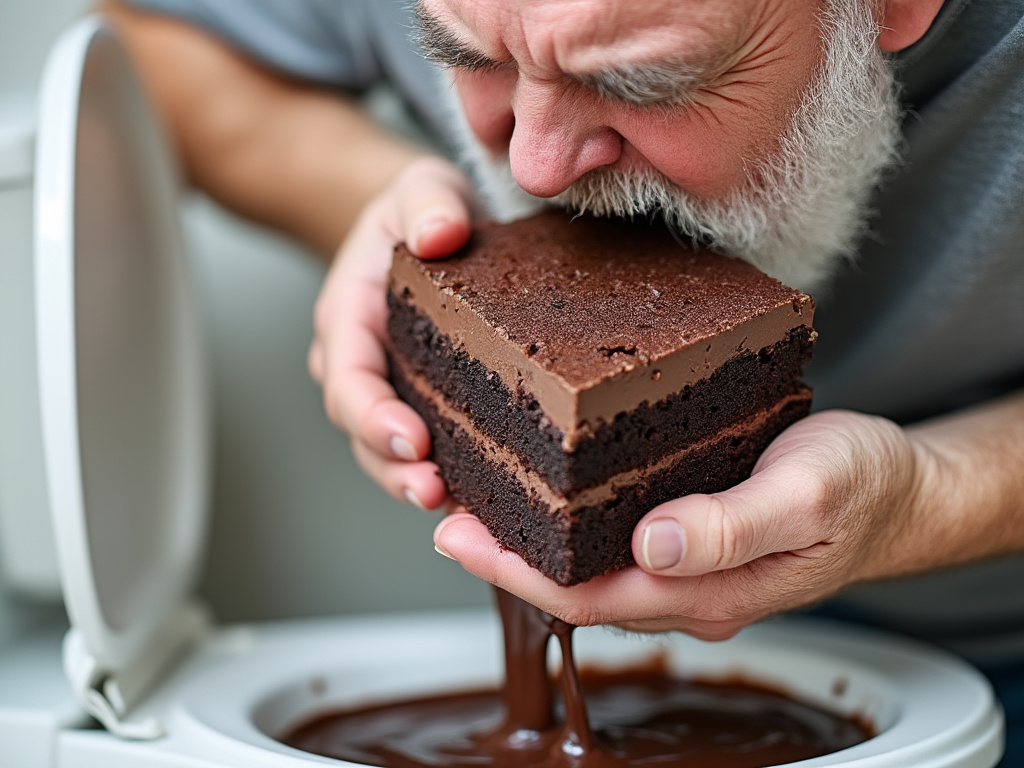 a photo of a middle-aged man holding a large piece of chocolate cake and vomiting into the toilet.