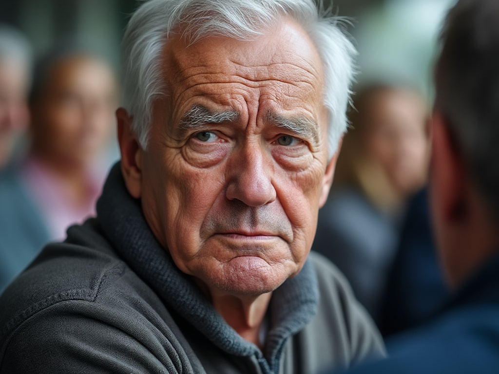 a photo of an older man with a worried look. His head and shoulders are shown with blurry people in the background.