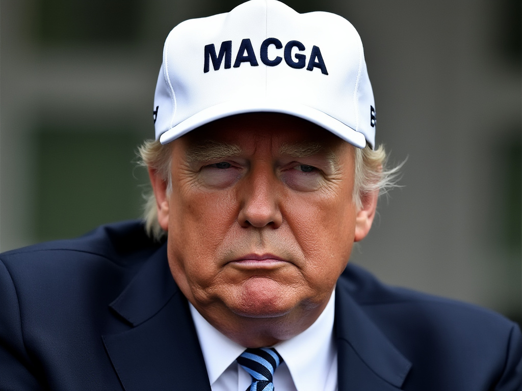 a photo of Donald Trump wearing a plain white 'MACGA' hat