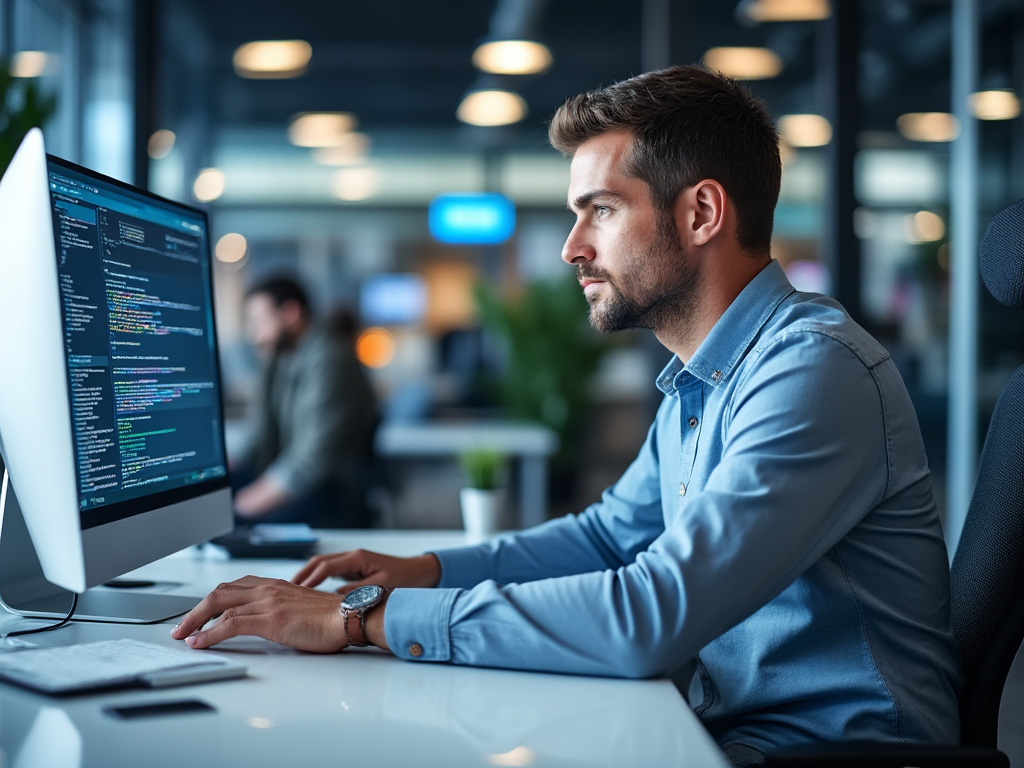 a man sitting at a desk looking into a computer on a blurred background