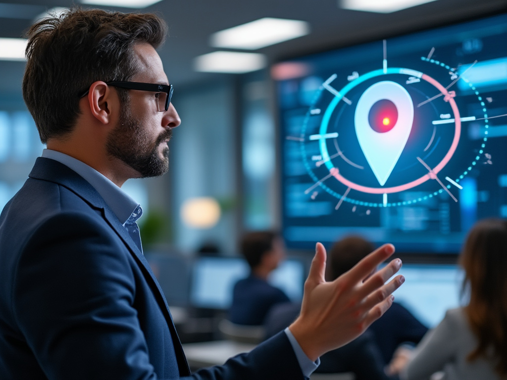 a photo of a geeky looking CEO guy looking at a radar screen with a red ping indicating a person found inside someone giving a presentation inside an office