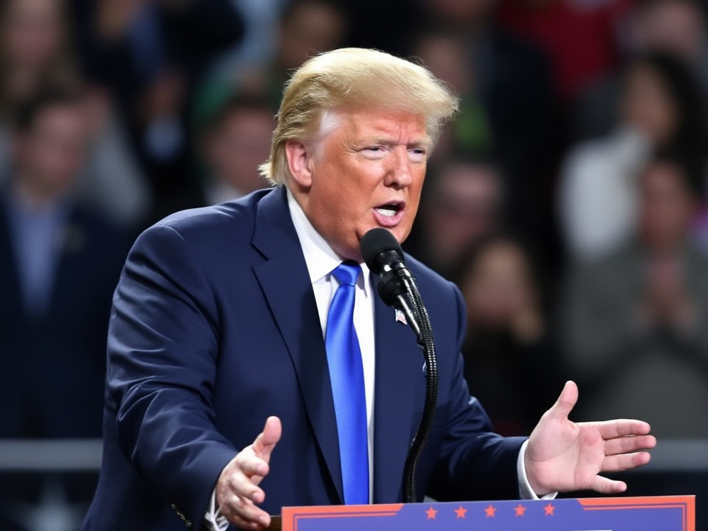 a photo of Donald Trump speaking at a podium wearing a suit and a blue tie
