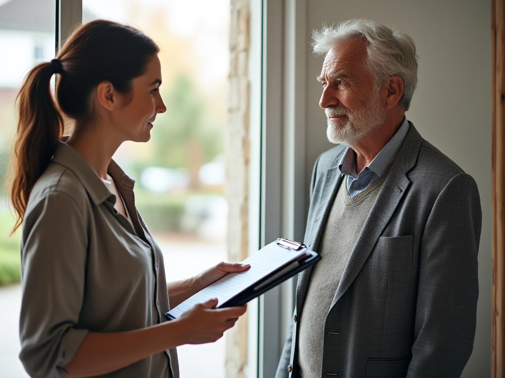 a photo of a friendly woman with a ponytail handing over a clipboard with a pen to an old confused looking man at the door