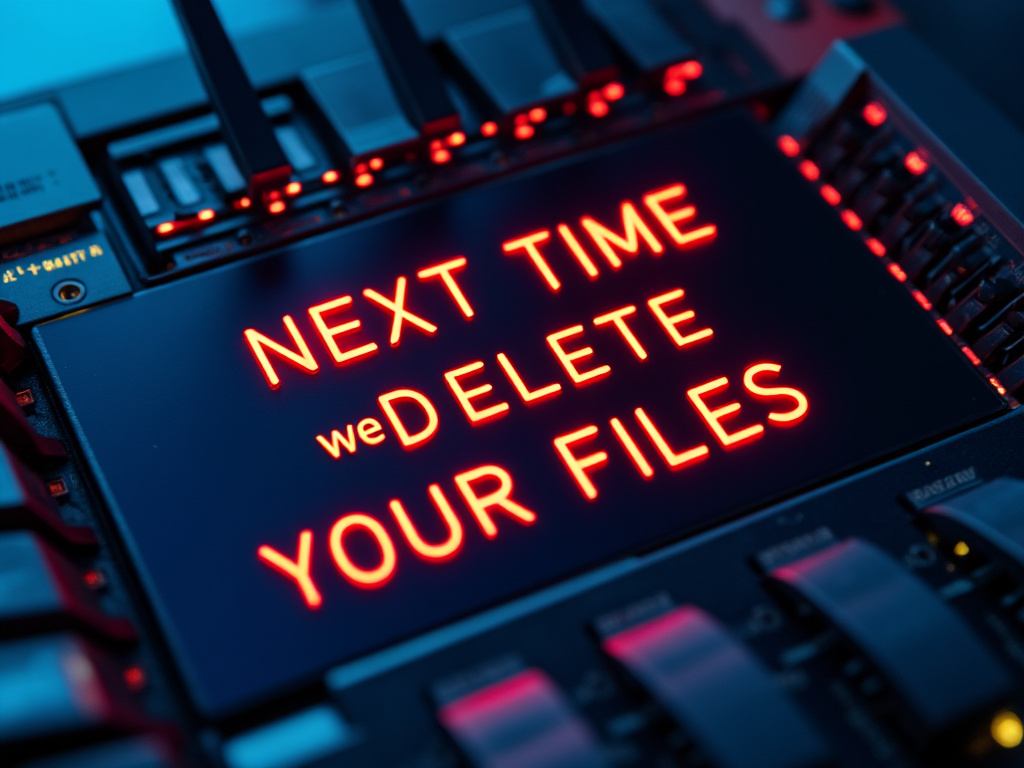 a photo of a router with glowing red letters on the little panel saying "NEXT TIME WE DELETE YOUR FILES"