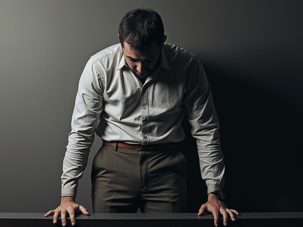 a photo of a guy standing with heads just below the hands