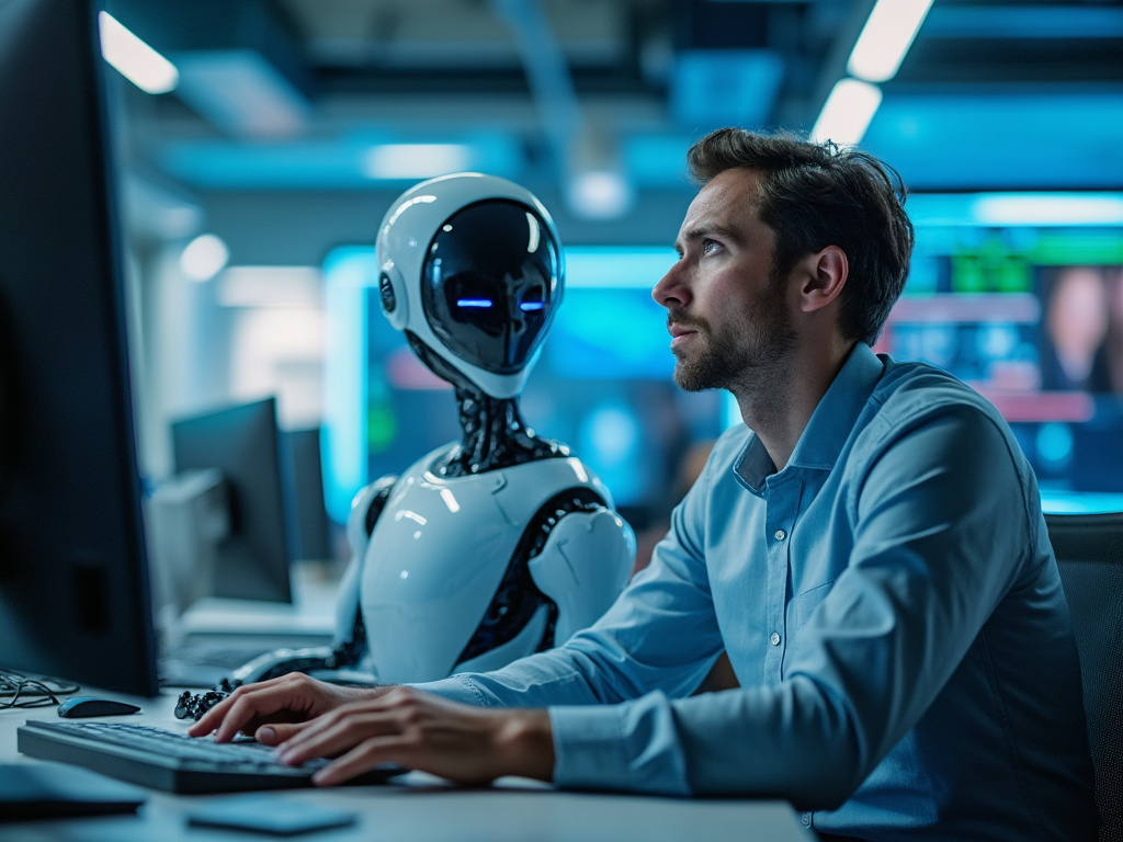 a workplace scene showing one bewildered employee being replaced by a vapor wave AI rendering