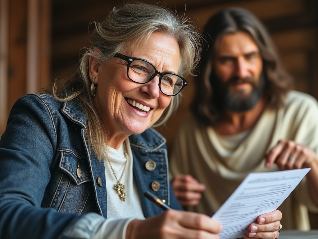 a stock photo of a middle-aged evangelical woman smiling while filling out a voting card with Jesus in the background pointing at the card